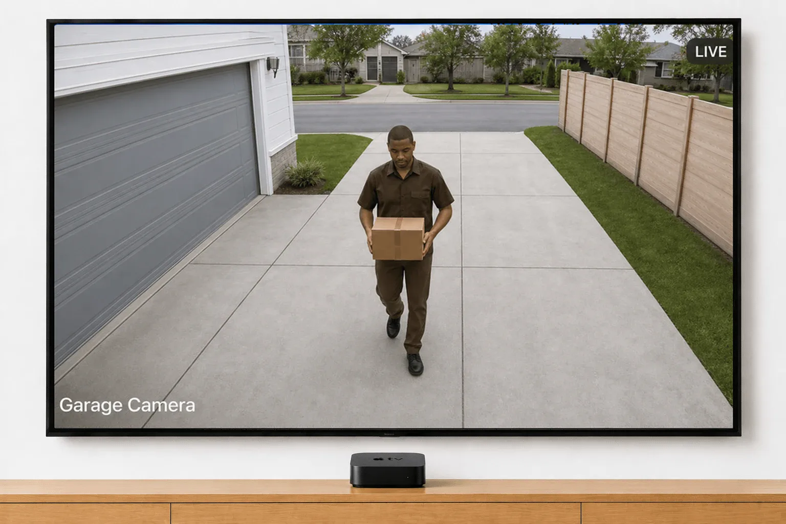 A delivery driver carrying a parcel up the driveway, filling the TV in fullscreen live view from a Ring Garage Camera