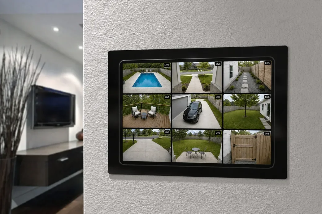 A tablet mounted on a wall showing nine Ring cameras live in a grid