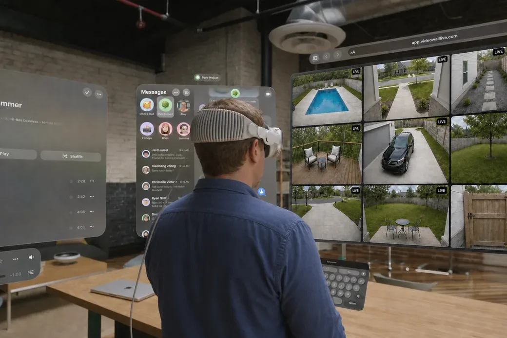 A person in a mixed-reality headset looking at a floating browser window showing nine Ring cameras live in a grid