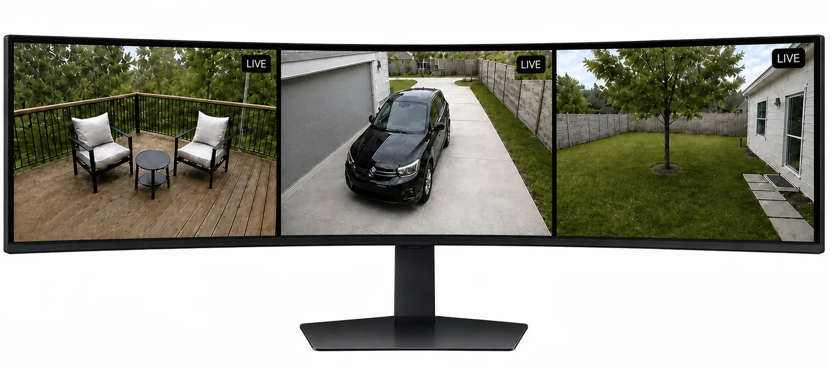An ultrawide desktop monitor showing nine Ring cameras live in a grid