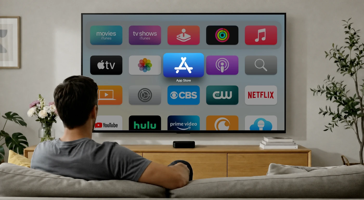 Apple TV home screen with the App Store icon selected