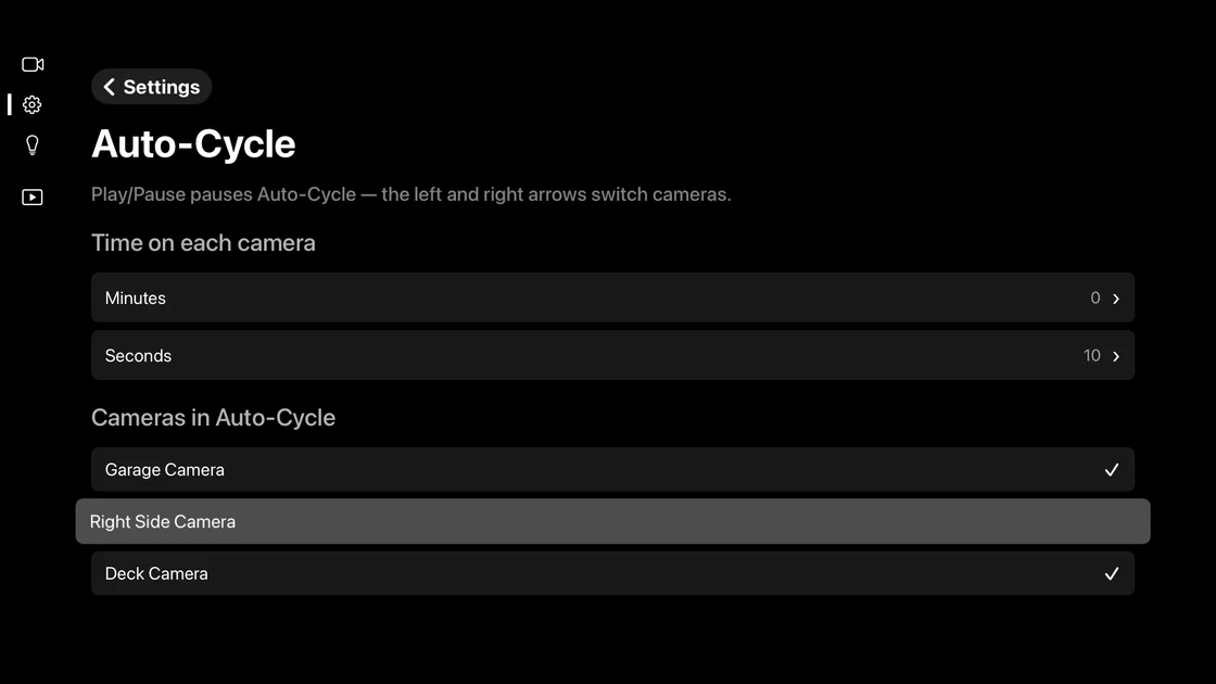 Auto-Cycle settings with Right Side Camera highlighted and unchecked, while Garage Camera and Deck Camera stay checked