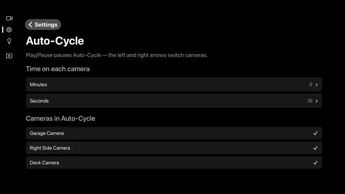 Video Wall's Auto-Cycle settings screen: Minutes and Seconds rows under Time on each camera, and three checked cameras under Cameras in Auto-Cycle