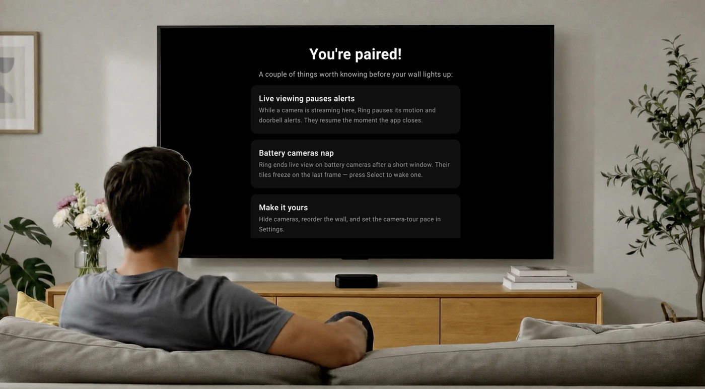 The Google TV You're paired screen, listing three tips before the wall starts