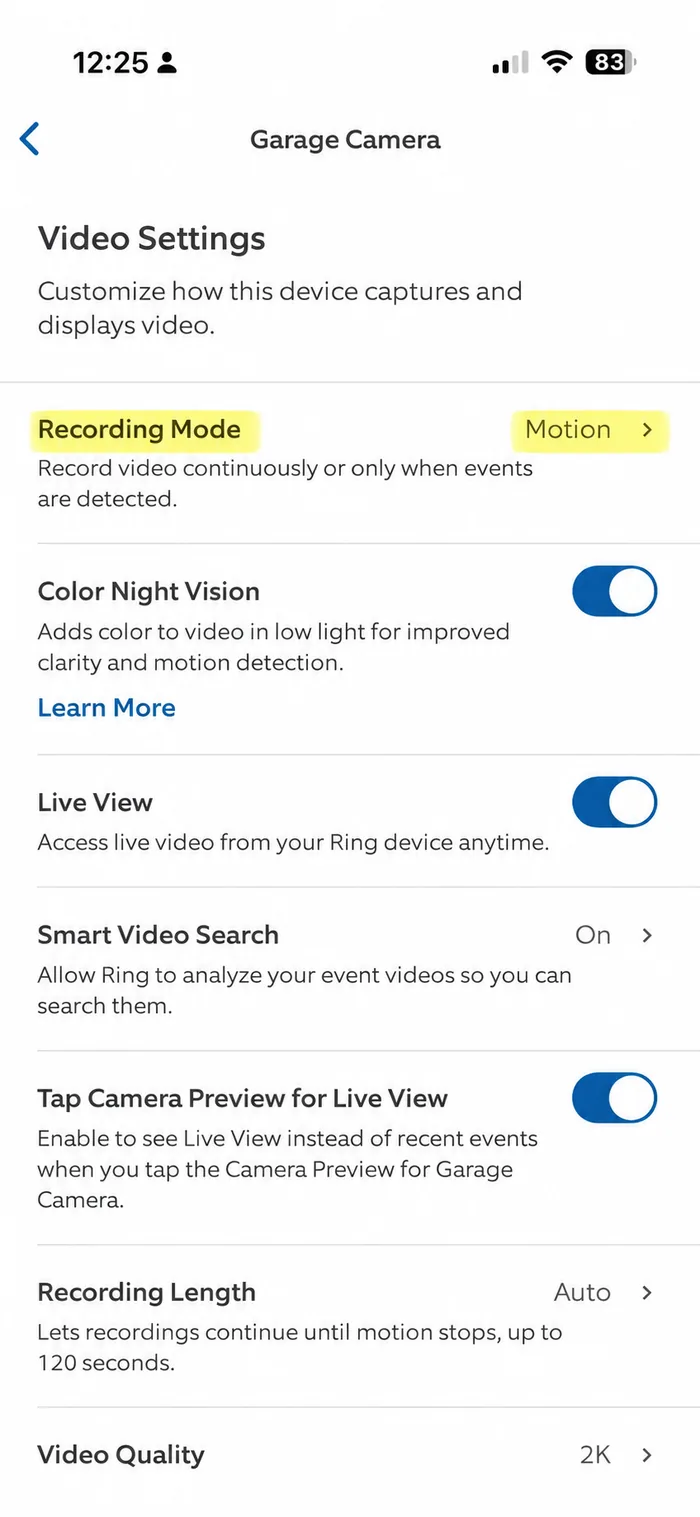 Video Settings screen with Recording Mode set to Motion