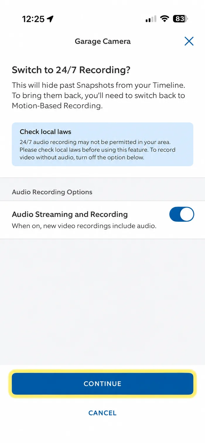 Switch to 24/7 Recording confirmation screen