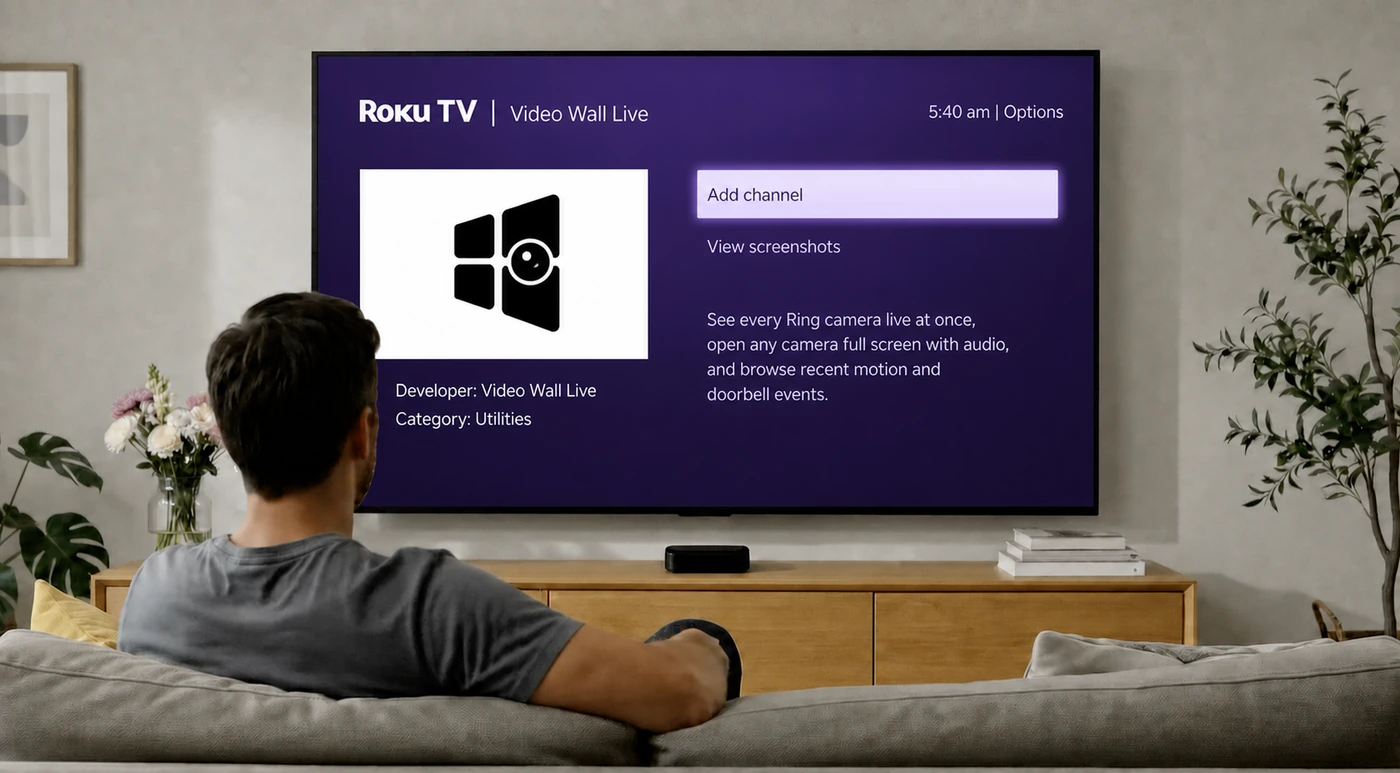 The Video Wall Live channel page on Roku, with the Add channel button