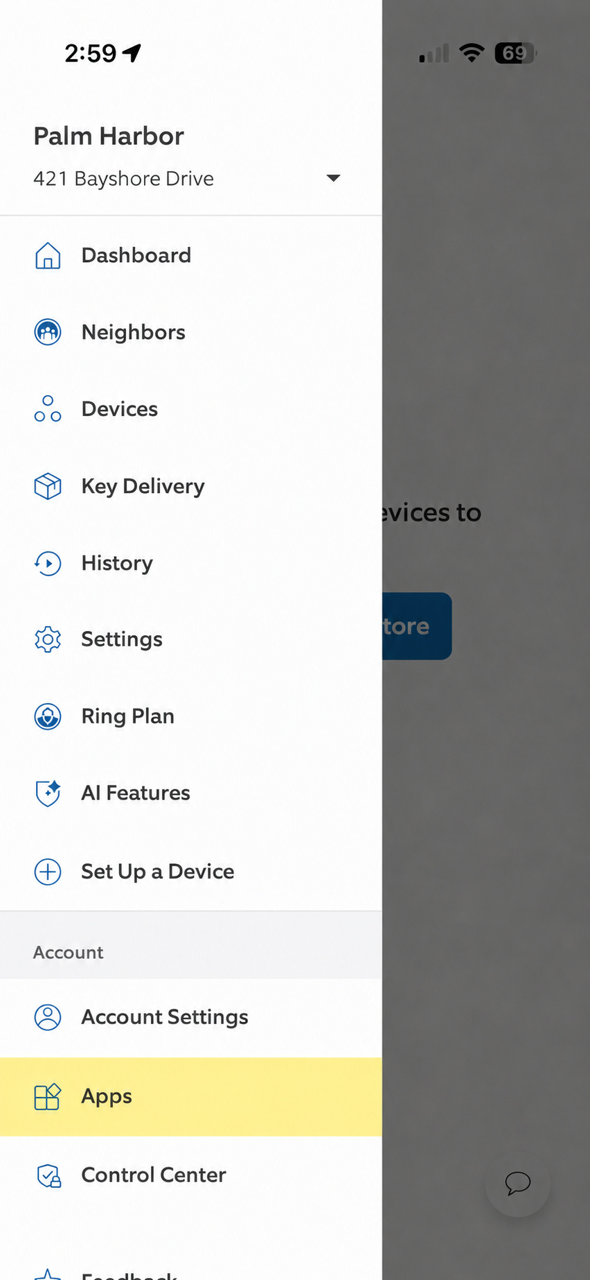 Ring app side menu with Apps highlighted